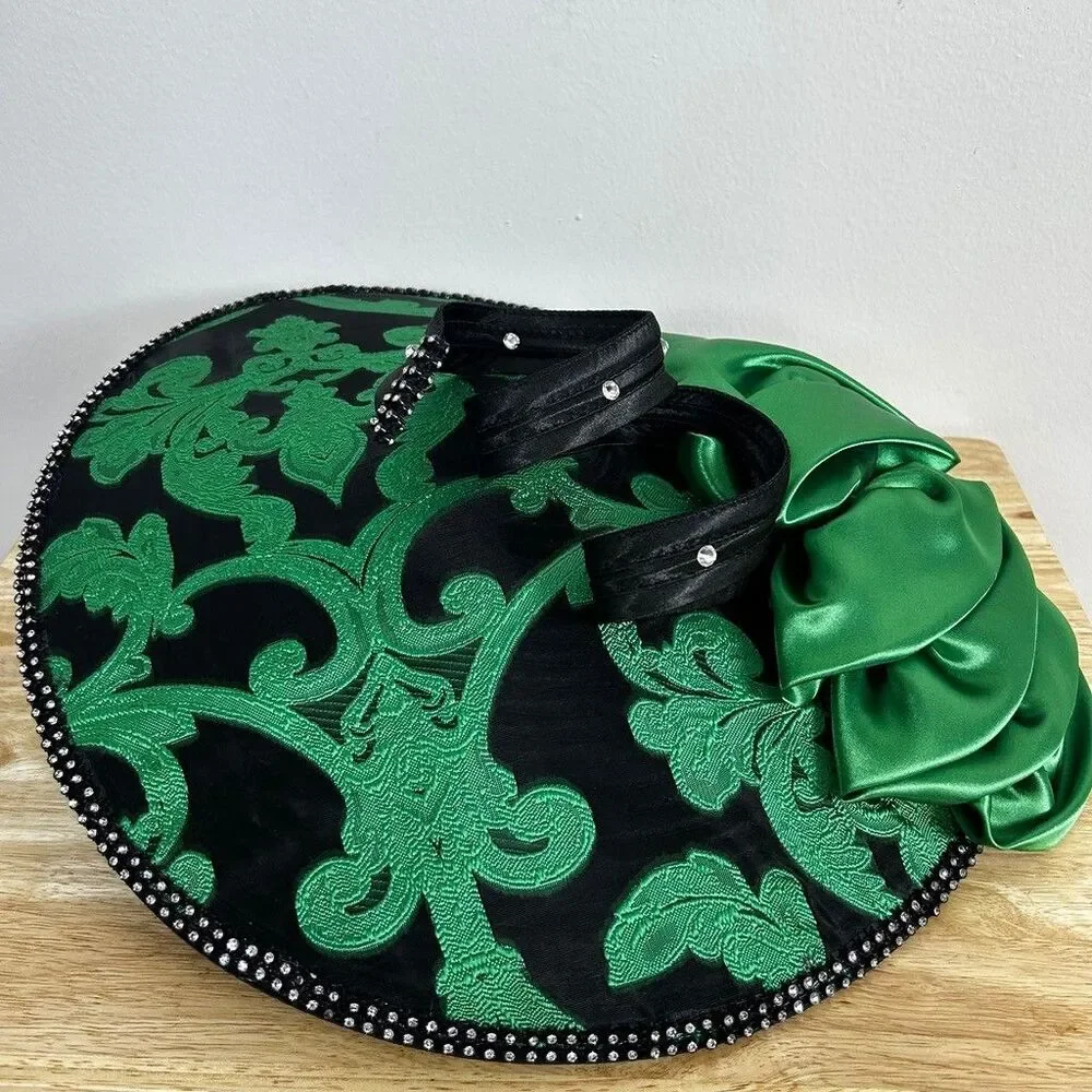 Church Derby Hat Green Black Damask Wide Brim Rhinestone Trim Satin Bow